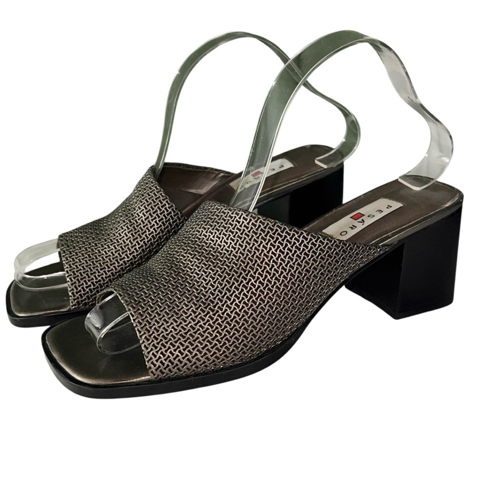 Pesaro Sandy Heeled Sandals Size 8 Gunmetal Gray Black Stacked Heel Dressy
